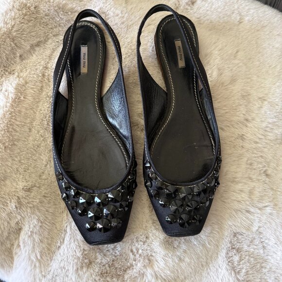Miu Miu Ballet Satin Sling Back Flats With Crystals - Picture 1 of 6